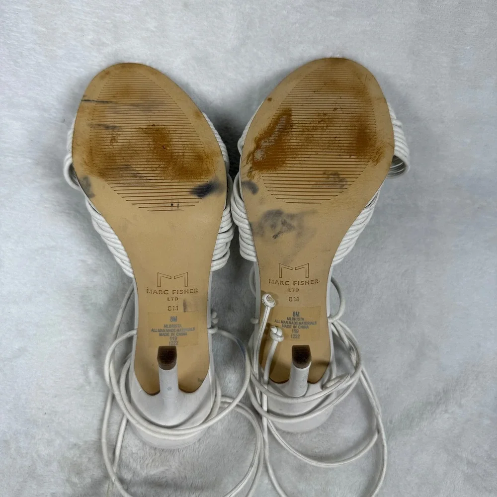 Marc Fisher LTD White‎ Leather Lace Up Strappy Stiletto Heels Knotted Sandals 8